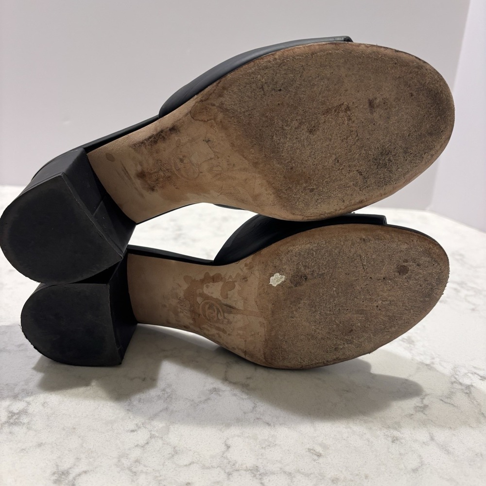 Chanel Black Leather Beaded CC Logo‎ Block Heel Mule Sandals 36.5 Made in Italy - Picture 10 of 16